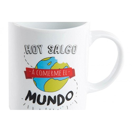 Taza hoy salgo a comerme el mundo " en caja de regalo