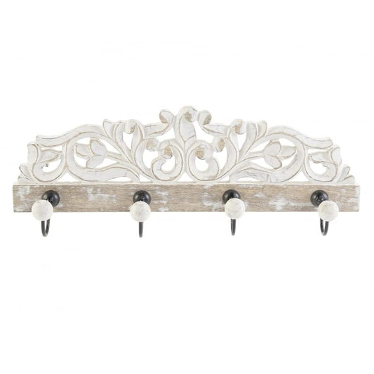 Perchero de Pared Mango Madera Tallado Metal 4 colgadores