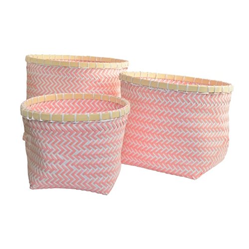 Juego de 3 cestas poliester bambu rosa .
