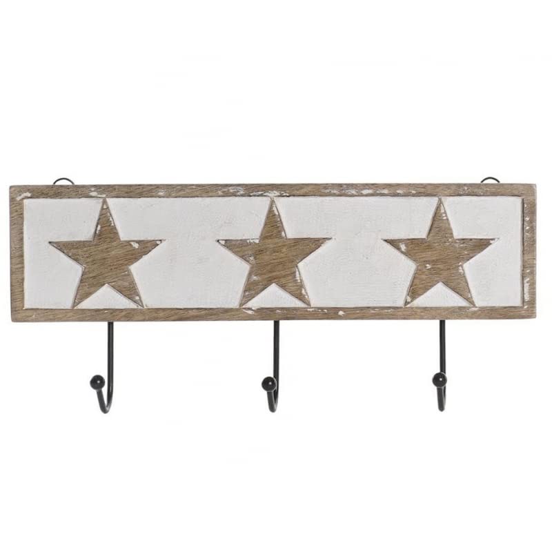 Perchero de Pared Mango Madera Tallado Estrellas 3 colgadores Metal