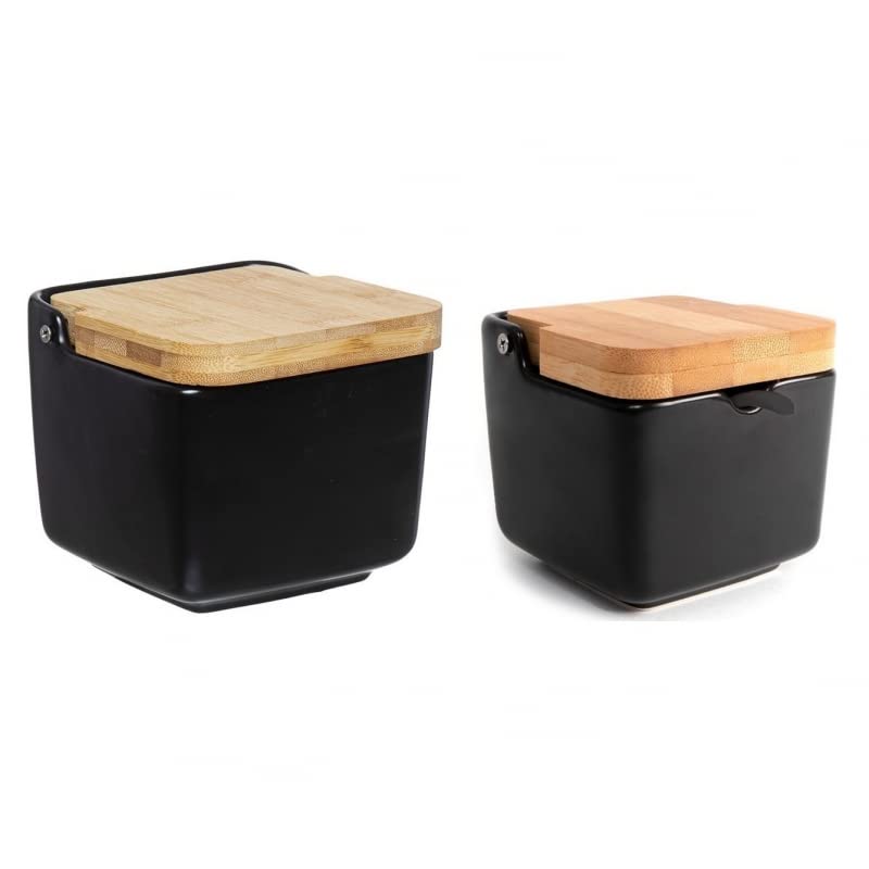 Salero y azucarero Cocina Negro Ceramica con Tapa Madera para Cocina Factory