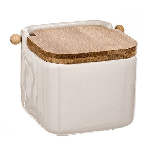 Salero cuadrado de cerámica con tapa de bambú (12x12x11 cm).