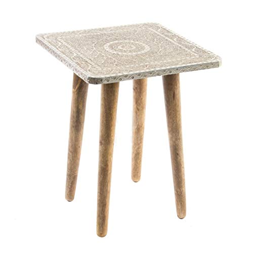Mesita Auxiliar Mango con Metal Grabado 38x38x50 cm