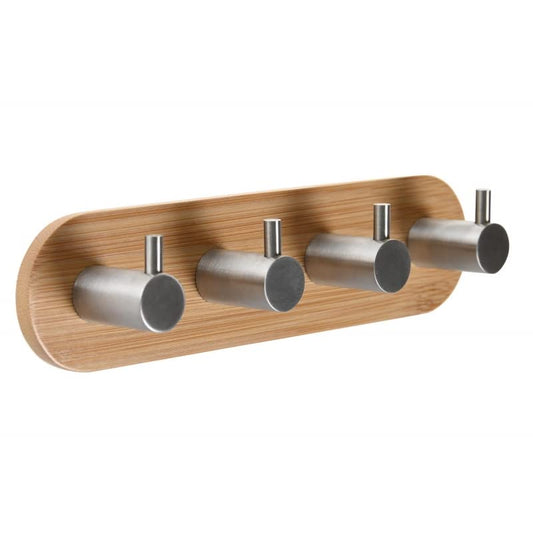Perchero pared adhesivo bambu 4 colgador acero INOX 18x4.5x3.2 cm