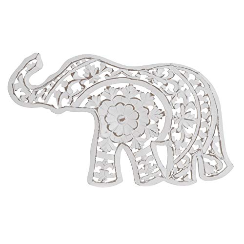 Mural Decoracion Pared Elefante Tallado Natural Blanco de Madera 44x26 cm