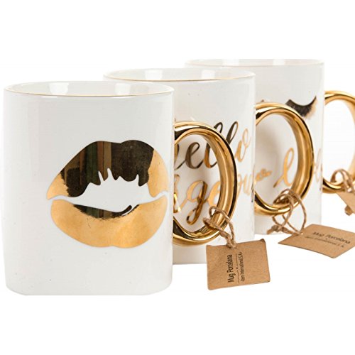 Tazas chic dorado porcelana frase 330 cc (Set de 3 tazas)