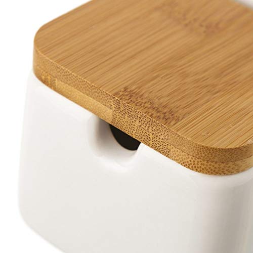 Salero y azucarero de Cocina Blanco de Ceramica con Tapa de Madera.