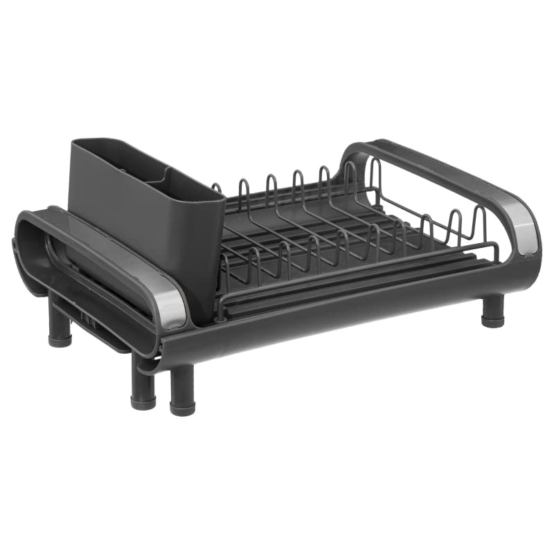Escurreplatos, Escurridor De Platos Extensible con Cesta de Cubiertos, Caño De Drenaje Giratorio Gris Oscuro