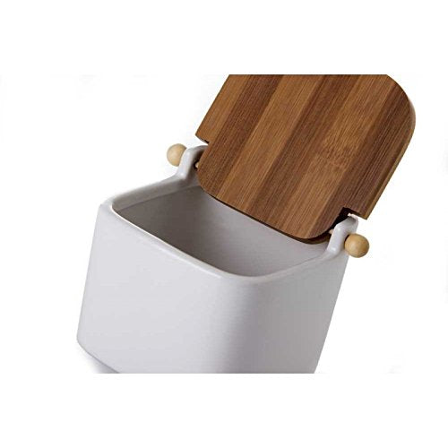 Salero Cuadrado de cerámica Blanco con Tapa de bambú, 12x12x10.5 cm