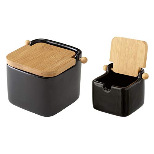 Salero y azucarero de Cocina Blanco de Ceramica con Tapa de Madera.