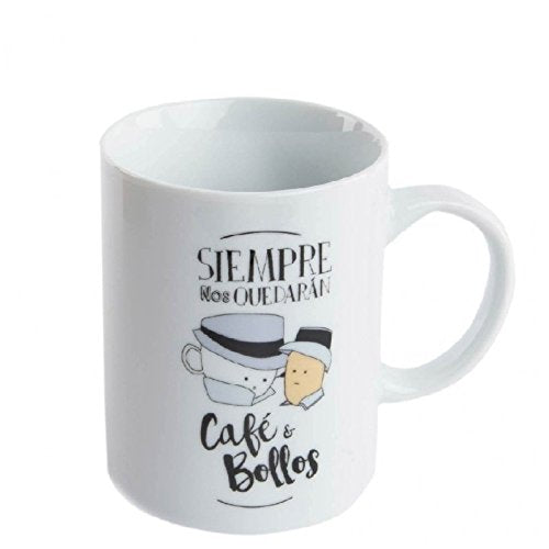 Taza original con mensaje castellano CAFE Y BOLLOS en caja de regalo