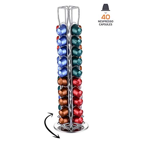 Soportes Cápsulas de Café Nespresso, Contener 40 Piezas Café 360 Grados Giratorio Cápsulas, Elegante con Acero Inoxidable