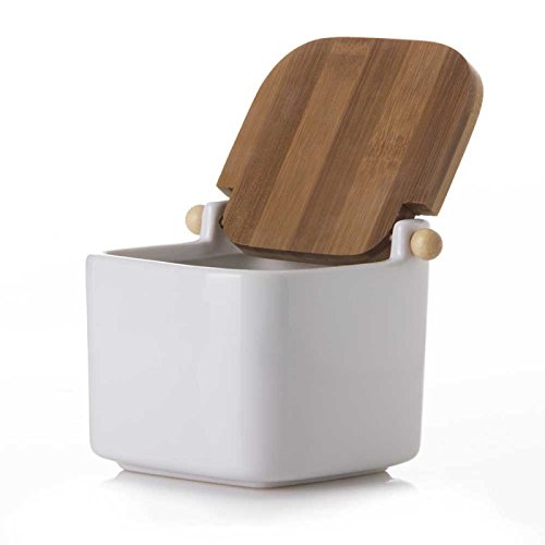 Salero Cuadrado de cerámica Blanco con Tapa de bambú, 12x12x10.5 cm