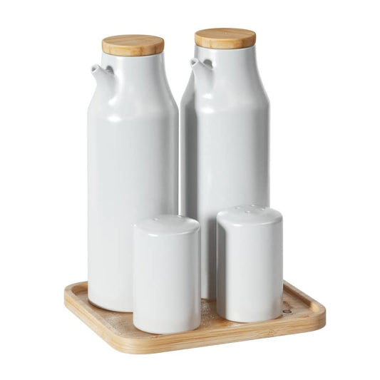 Juego de aceitera, vinagrera, salero y pimentero porcelana blanca con bandeja bambu - Juego Aceitera…