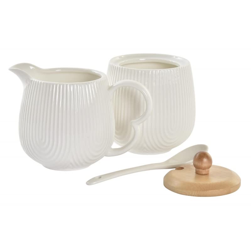 Sarero y Azucarero de Porcelana Blanco con Tapa de Madera Estilo Nordico…