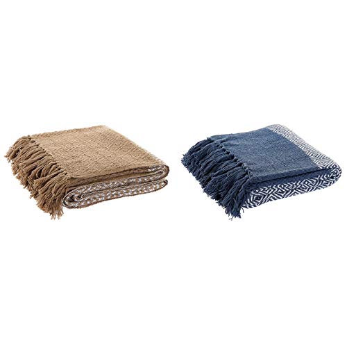 Juego de 2 Plaid de Sofa Algodon Rombos Azul y Marron 170x130 cm