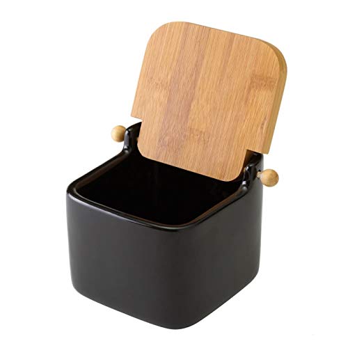 Salero y azucarero de Cocina Blanco de Ceramica con Tapa de Madera.