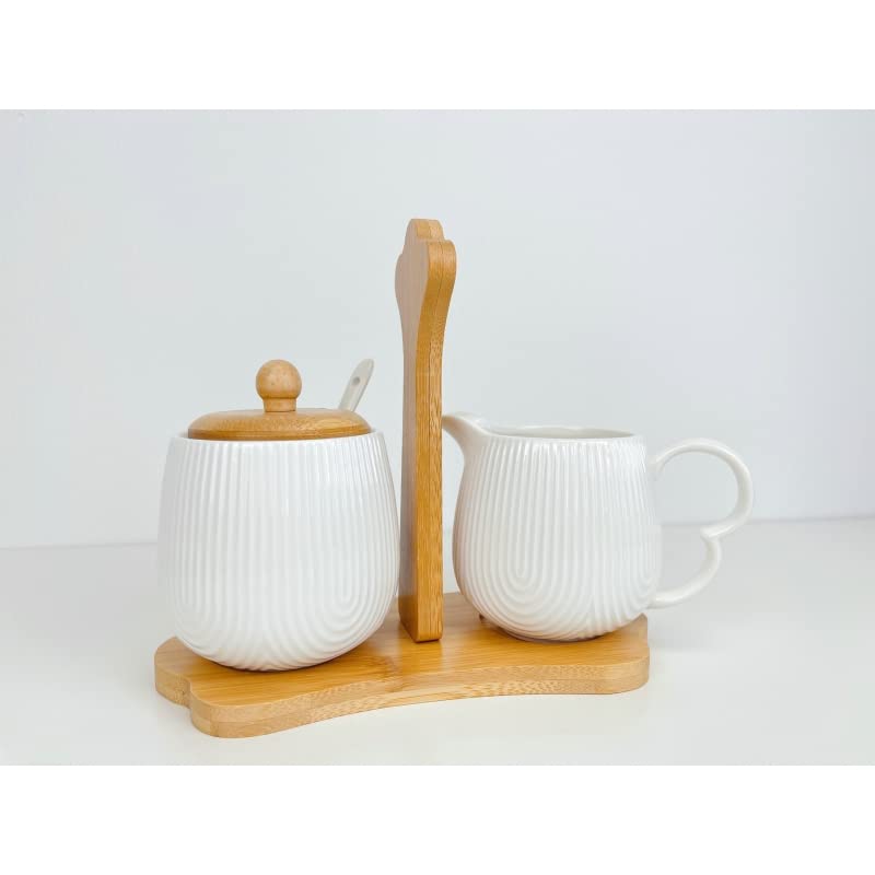 Sarero y Azucarero de Porcelana Blanco con Tapa de Madera Estilo Nordico…