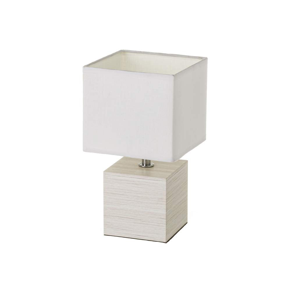 Lámpara de mesita de noche nórdica de madera y lino beige, de 14x14x26 cm