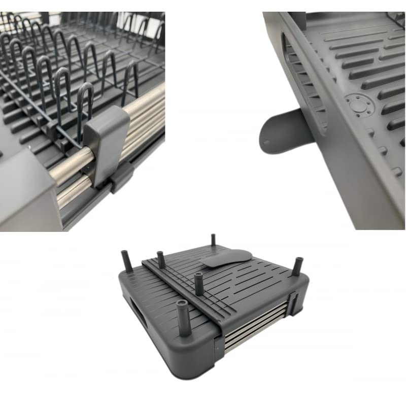 Escurreplatos, Escurridor De Platos Extensible con Cesta de Cubiertos, Caño De Drenaje Giratorio Gris Oscuro