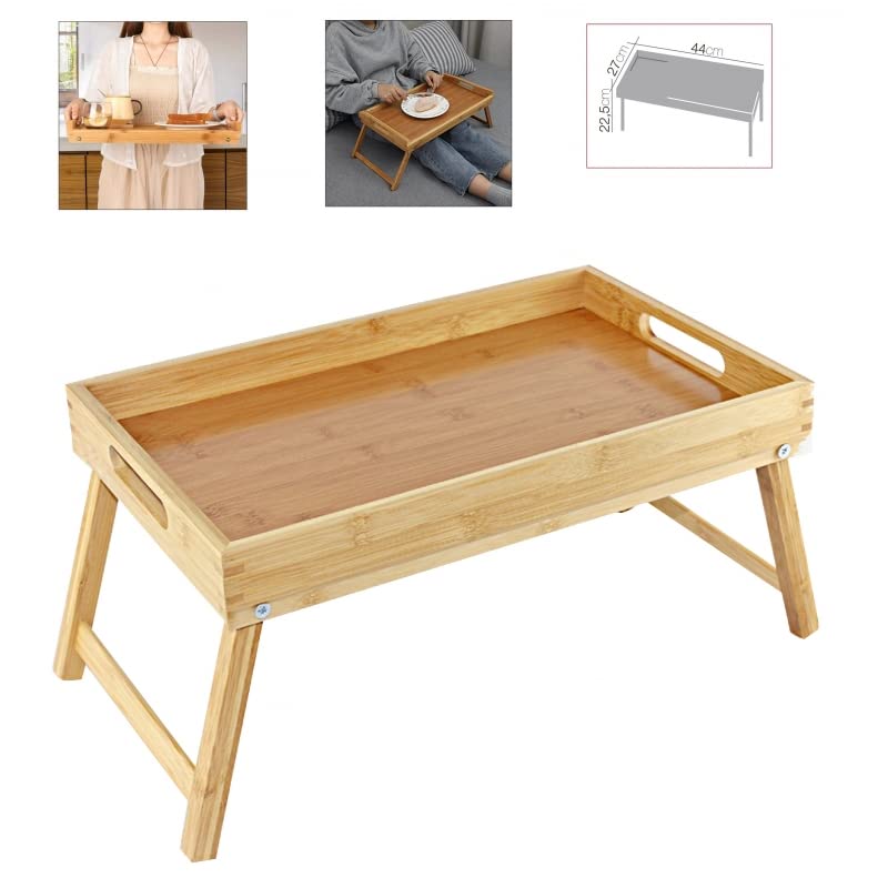 Bandeja para Cama de bambú, mesita con Patas Plegables, Natural, 50 x 30 x 22 cm