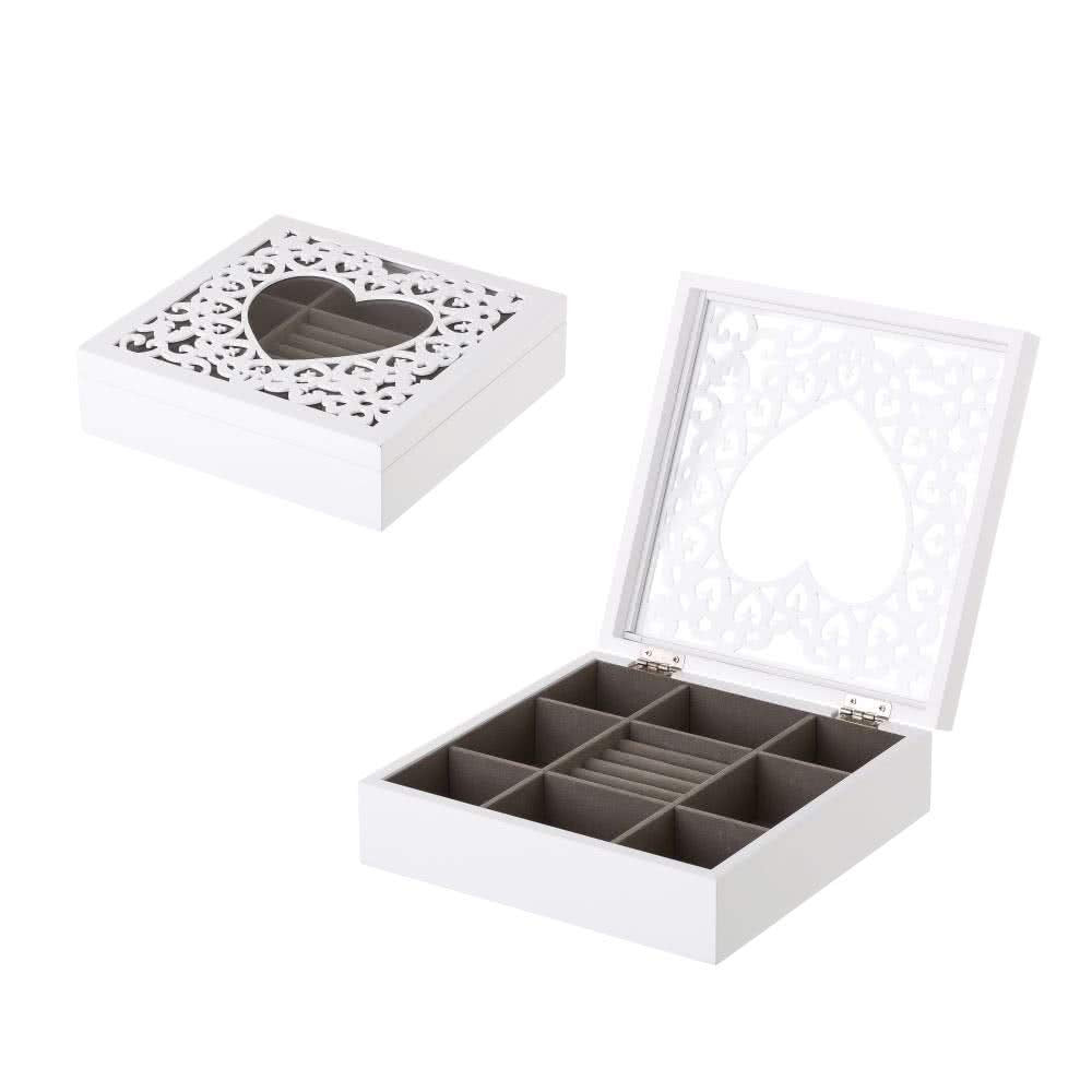 Joyero de corazón de Madera Blanco de 7x23x23 cm