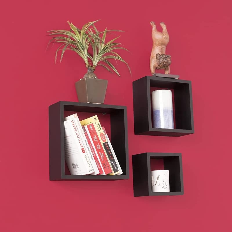 Estantería Pared en Forma de Cuadrado, Set de 3 Estantes Flotantes Juego de Baldas para Libros y Objetos de decoración - Negro