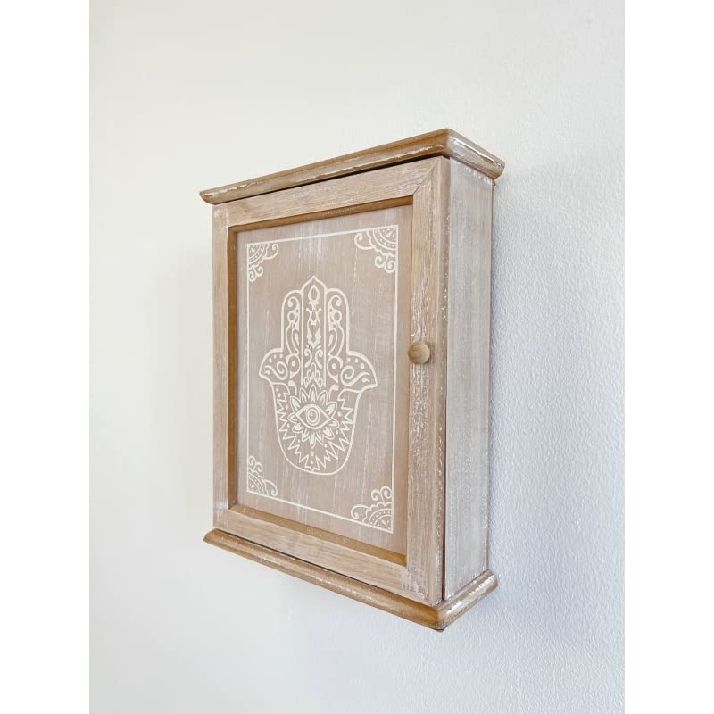 Caja Guardallaves de Madera Decorada con Arbol de la Vida Estilo Nórdico con 6 Colgadores de Pared