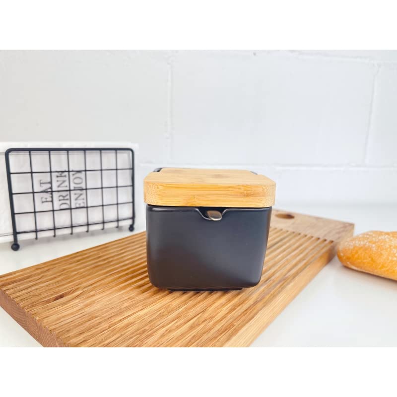 Salero Cocina Negro Ceramica con Tapa Madera para Cocina Factory