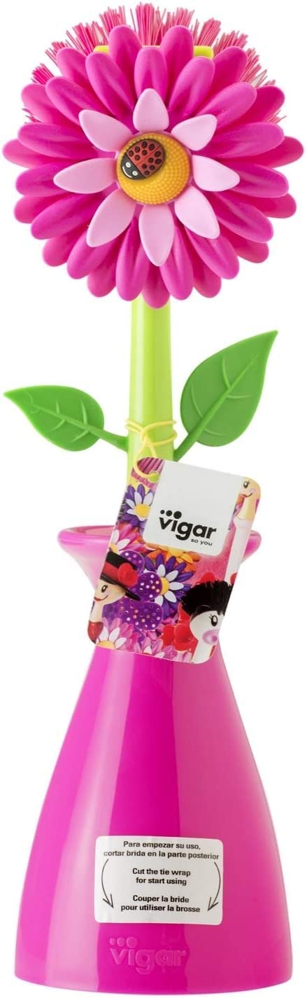 Juego de 3 Piezas Cocina - Guantes, Cepillo con Soporte y Portaesponjas - 12.5 x 7.5 x 18 cm - Flower Power - Guantes de Látex - Verde, Rosado