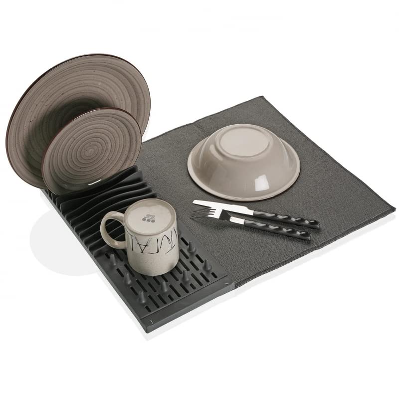 Escurreplatos Plegable con Escurridor, Tapete Secado De Vajilla - Gris