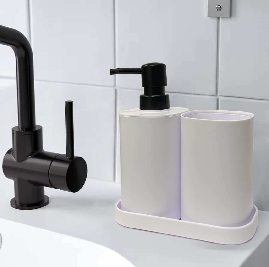 Set para el baño - Juego 3 Accesorios para Lavabo - Kit de 3 Piezas - 1x dispensador de jabón 1x Vaso 1x Bandeja