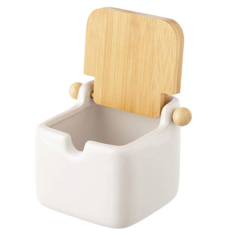 Azucarero Blanco Stoneware 8 x 10,50 x 8 cm con Tapa de bambú, 8x10,5x8 cm
