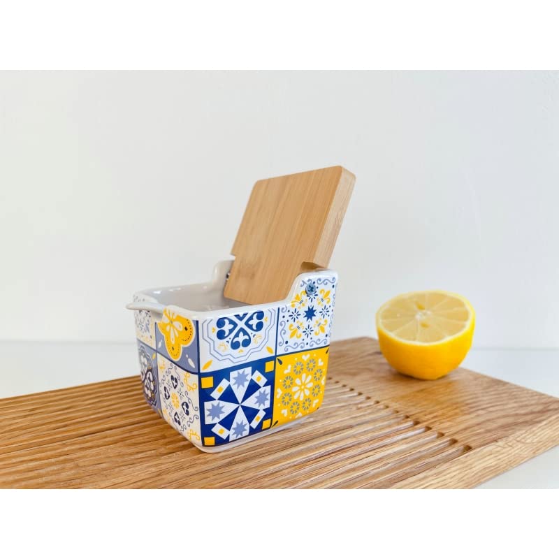 Salero de Cocina de Cerámica con Tapa de Madera Diseños Originales Mosaico Bicolor