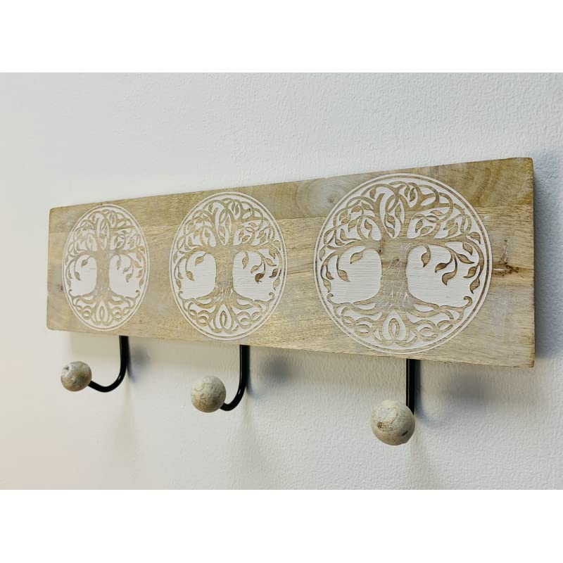 Perchero pared 3 colgador madera tallada arbol de la vida 38x5x16 cm