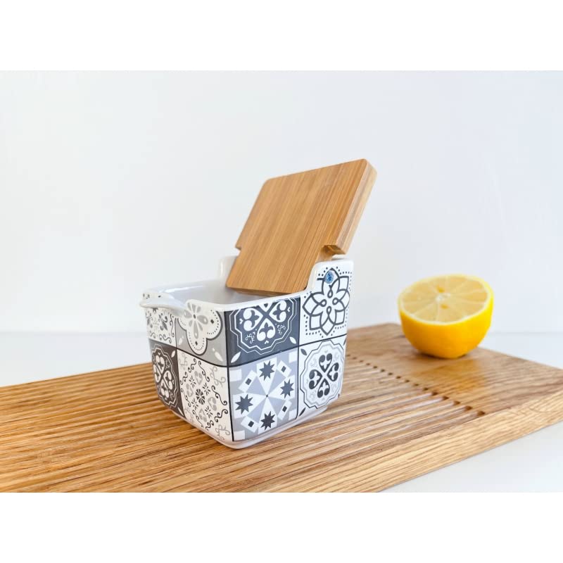 Salero de Cocina de Cerámica con Tapa de Madera Diseños Originales Mosaico Bicolor