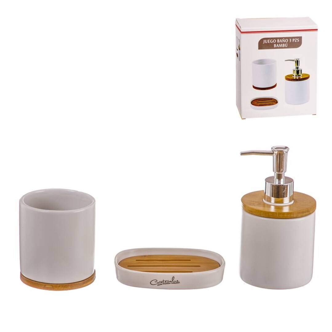 Juego De Accesorios de Baño Cerámica Bambú, Set de 3 Piezas para el Cuarto de baño, Dispensador de jabón, Vaso para Cepillos y Bandeja jabón