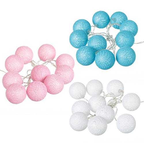 Pack 3 Guirnalda Luz led 10 Bolas Algodon romantico Colores, Blanco, Rosa, Azul