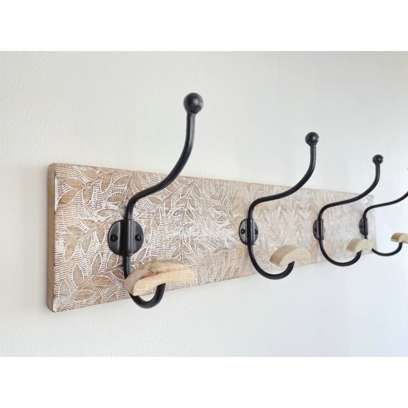 Perchero de Pared Madera Mango Tallado con 4 colgadores de Hierro decape