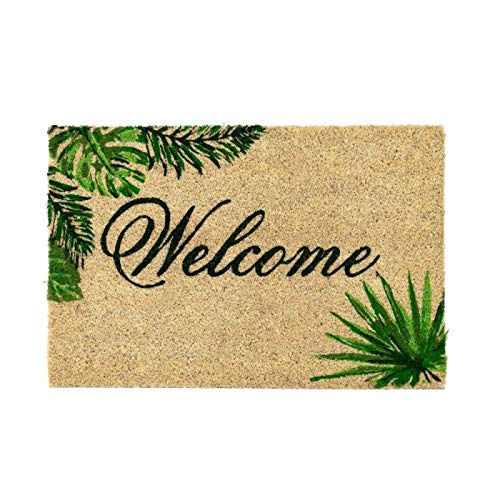 Felpudo Welcome Tropical Verde Exotico Fibra Coco Base PVC 60x40 cm