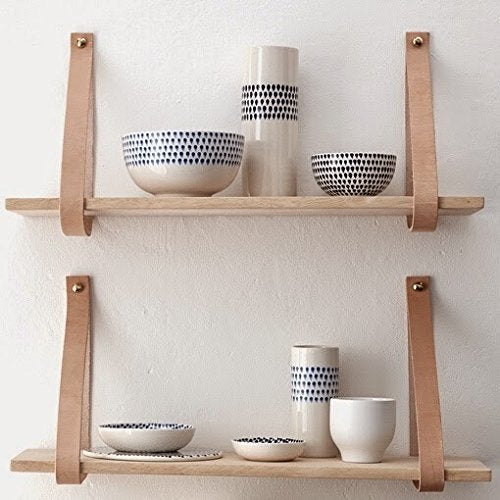 Etagere murale bois sangle en cuir Hubsch