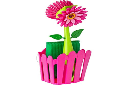 VIGAR Flower Power Set Fregador con Cepillo y Estropajo de Color Magenta, Multicolore, Rosa, Dimensiones: 11 x 6,5 x 25 cm