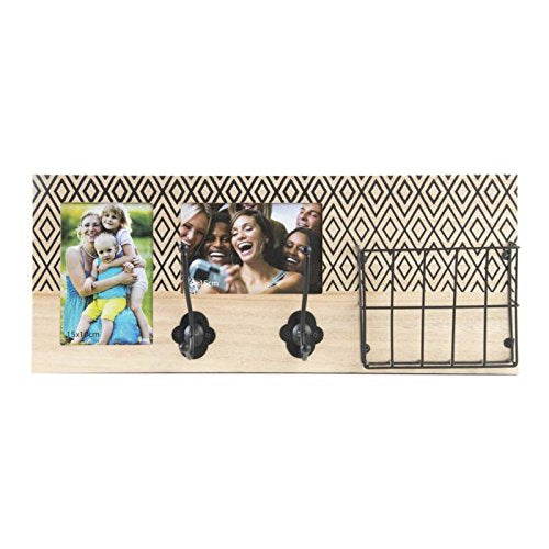 Perchero portafoto Pared Madera Original Boho, Decorada Cesta Metal