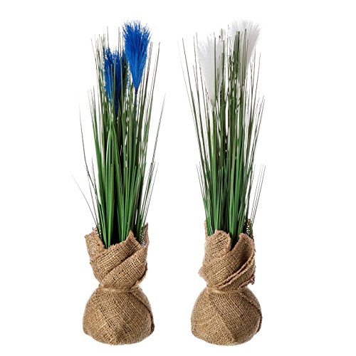 Pack 2 Plantas plástico en maceta tela de saco. blanco y azul.