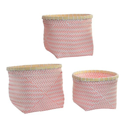 Juego de 3 cestas poliester bambu rosa .