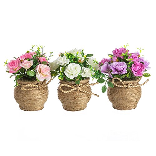 Pack 3 Plantas Artificial Rosa Poliester con Maceta de Cuerda.