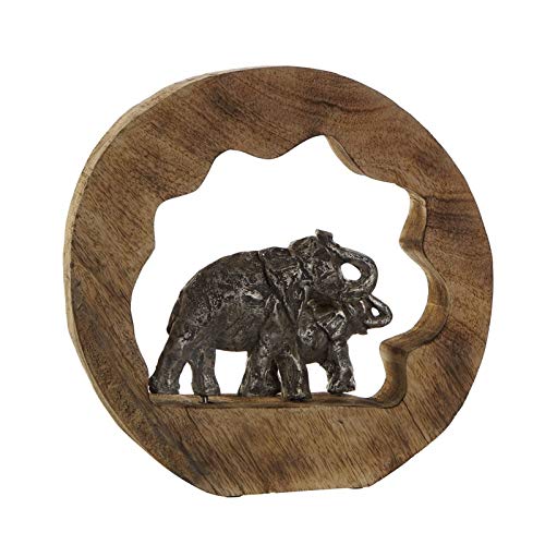 Figura Decoracion Madera Mango Aluminio Elefantes 28x6x28 cm
