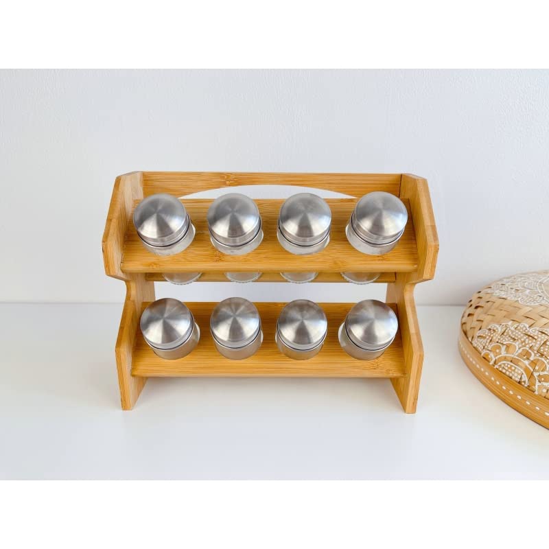 Especiero de 8 Botes con Soporte de Madera bambú