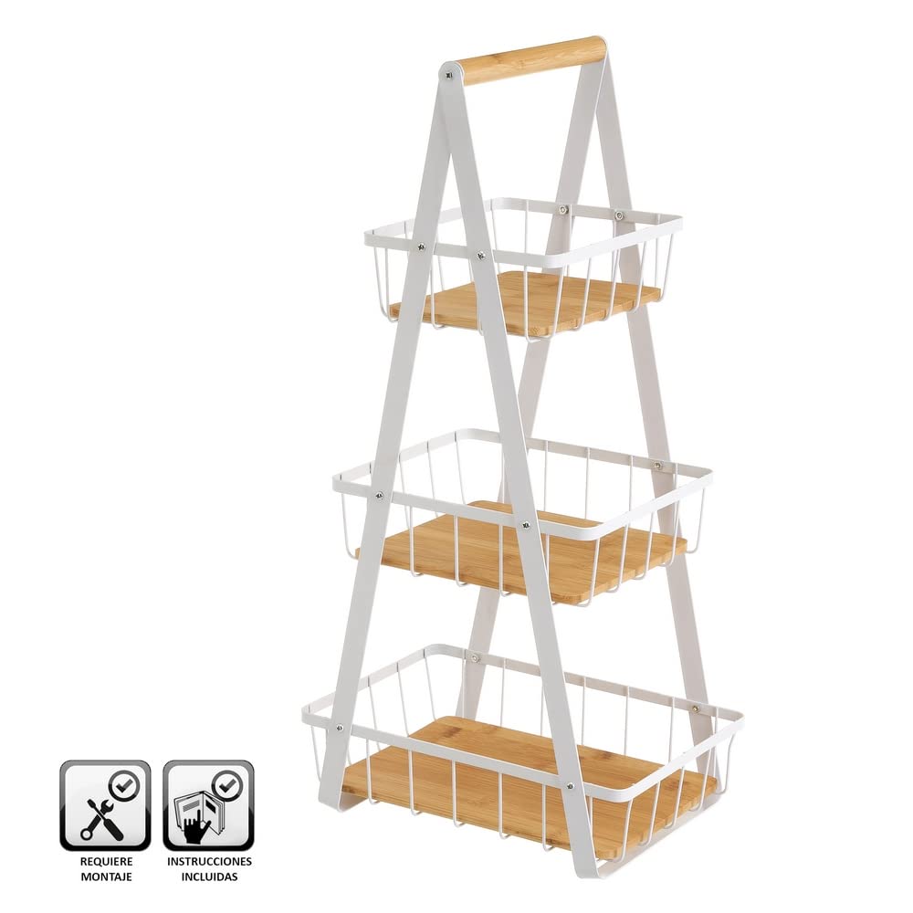 Estantería con 3 cestas de bambú y Metal Blanca de 30x20x60 cm