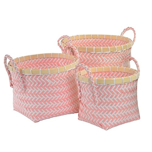 Juego de 3 cestas poliester bambu rosa .